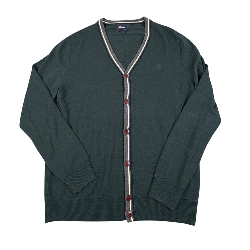 Fred Perry Cardigan Sweater Mens Large Green 100% Merino Wool V-Neck